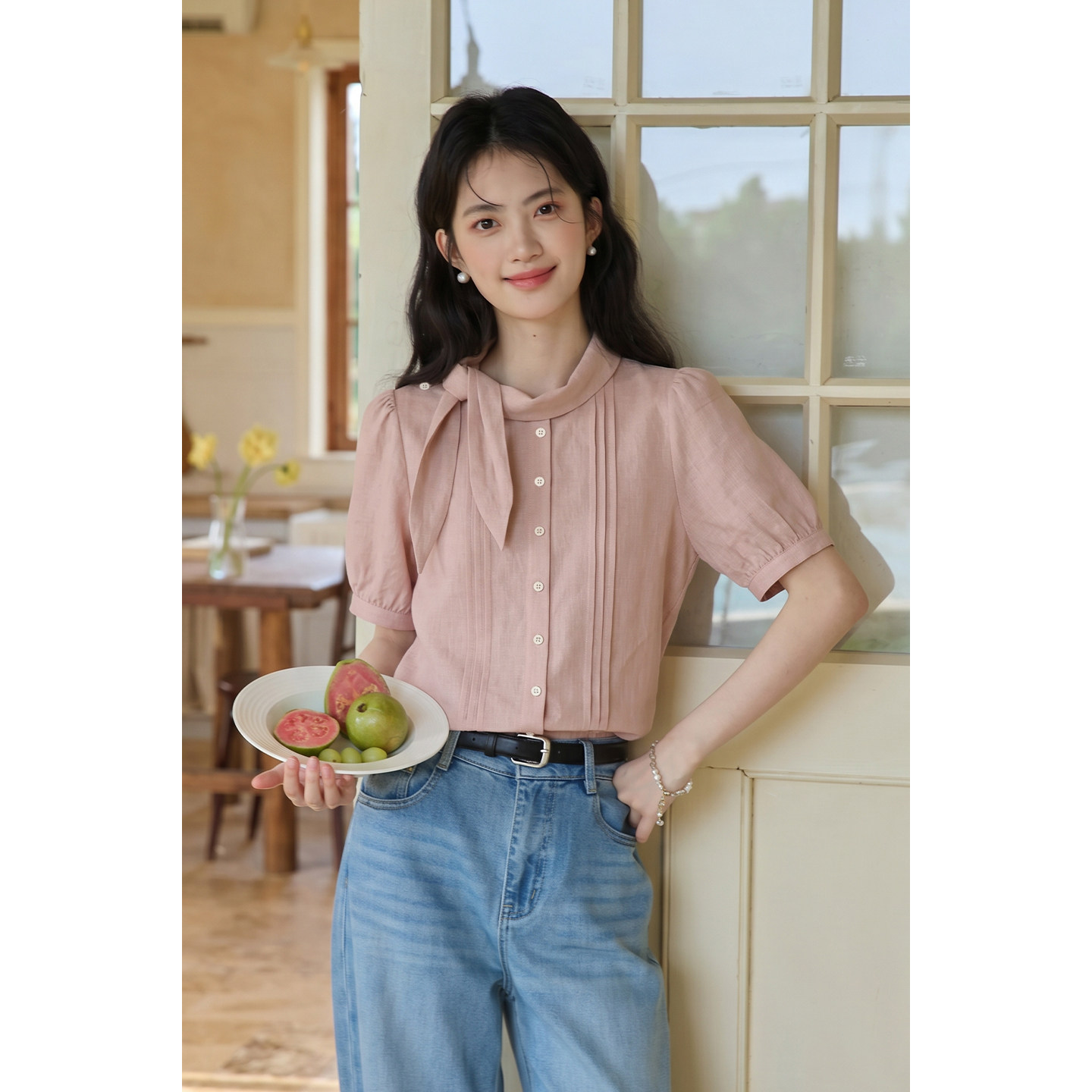 弥古粉色短袖立领绑带衬衫女高级感2026夏季新款设计感泡泡袖衬衣