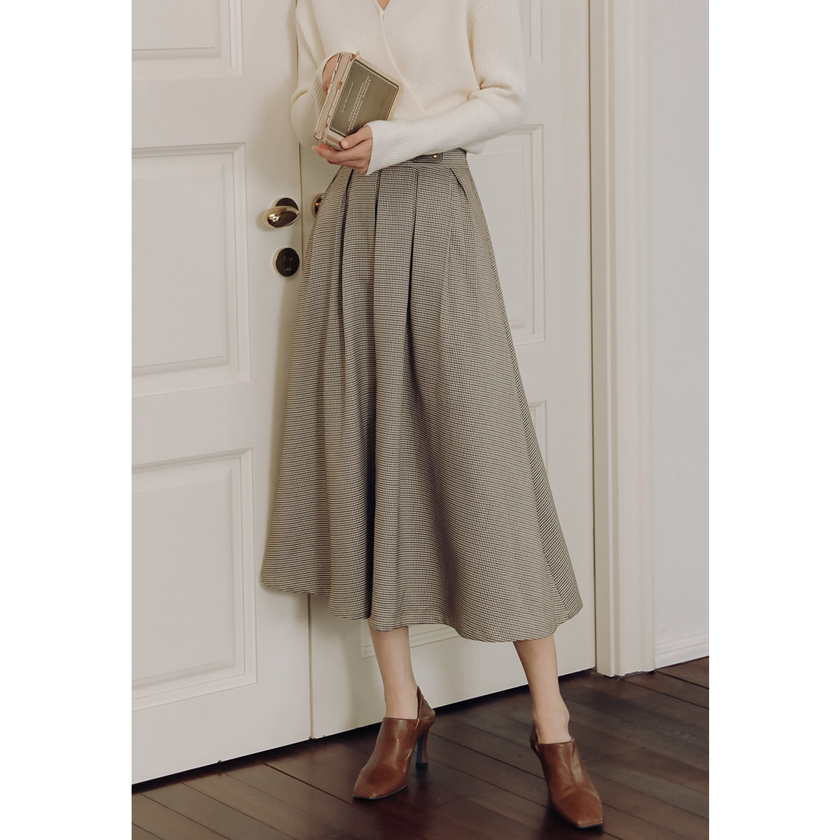 弥古法式千鸟格a字半身裙女春秋百褶西装半裙高腰格子伞裙高级感