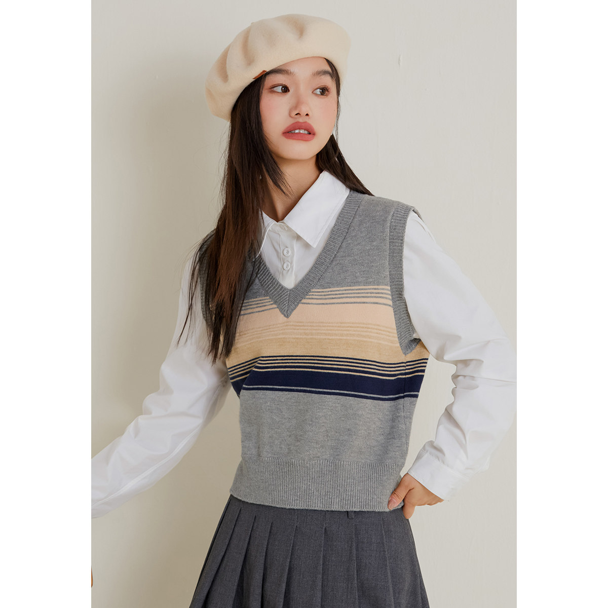 弥古撞色条纹针织毛衣学院风马甲女春秋修身内搭叠穿v领背心外穿