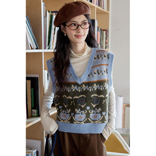 弥古民族风v领针织衫叠穿毛衣马甲女2025新款秋冬高级感钩花背心