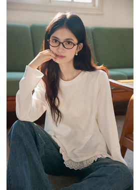 弥古法式白色蕾丝拼接长袖t恤女2025新款春秋设计感打底内搭上衣