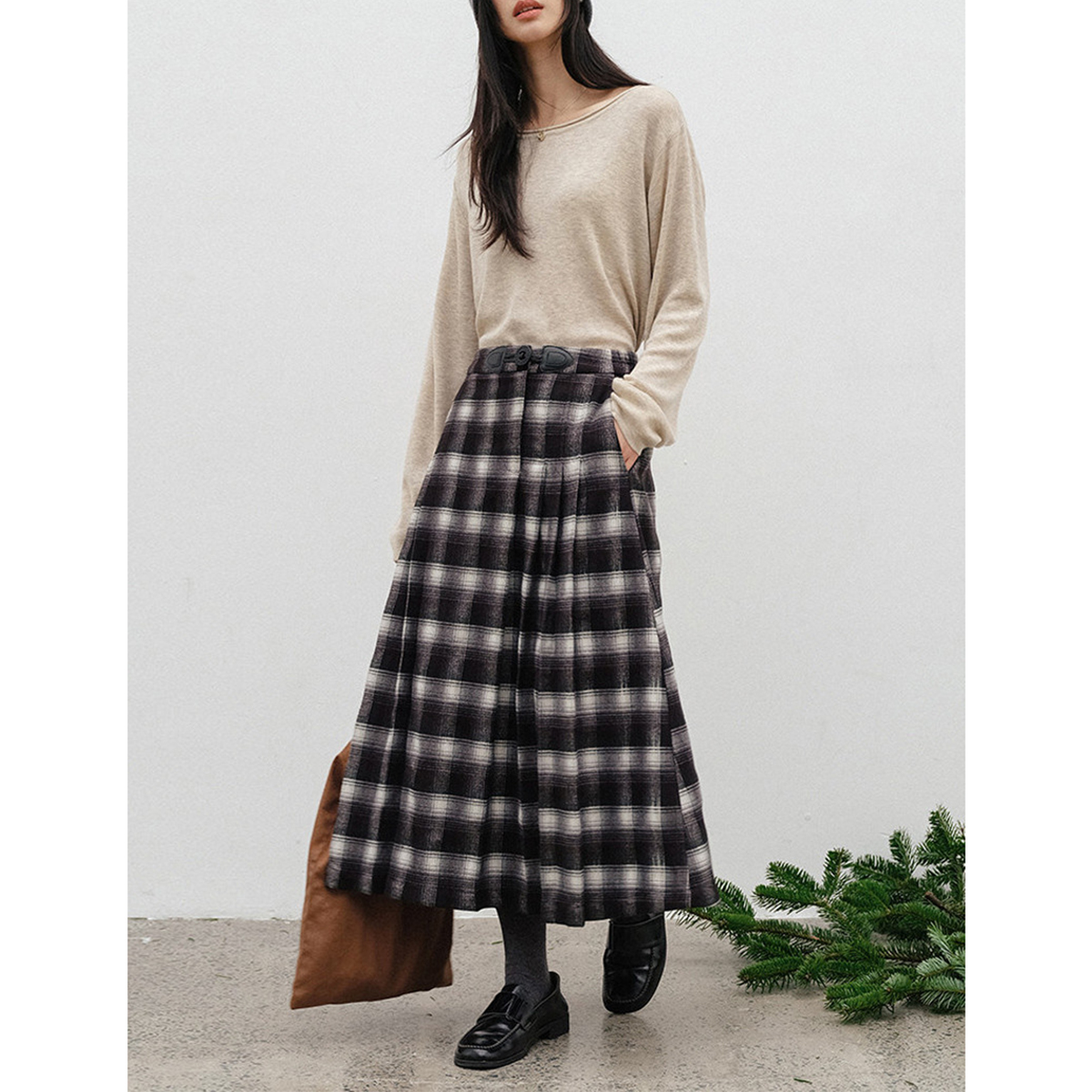 复古黑白格子半身裙女