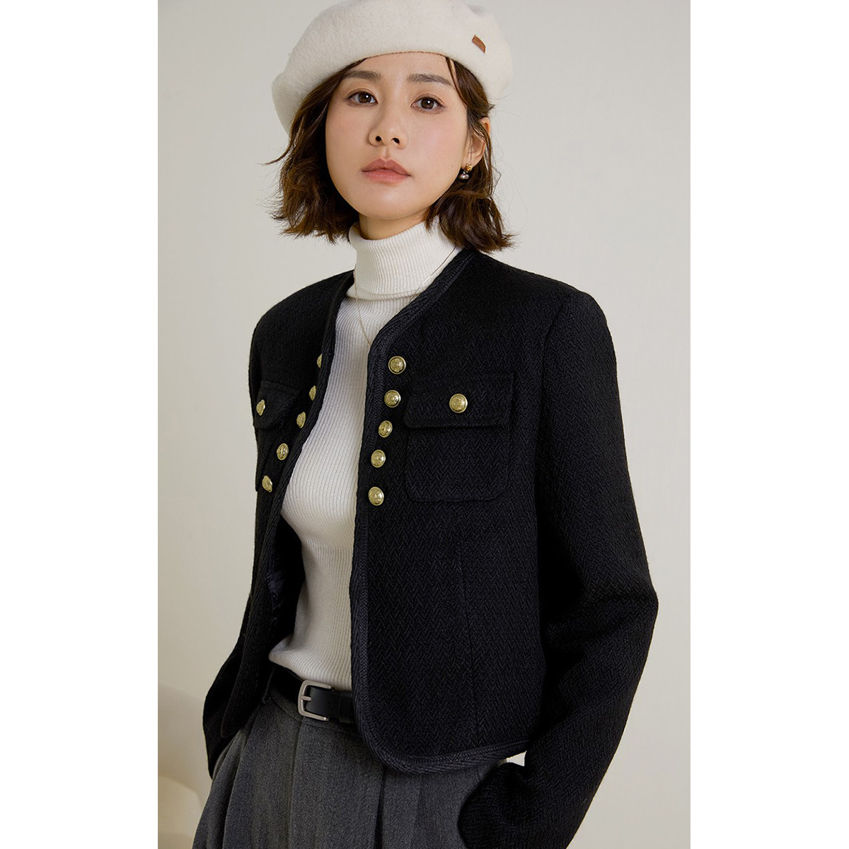 弥古黑色小香风羊毛针织毛呢外套女宽松粗花呢大衣高级感春季穿搭