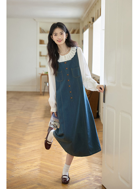 弥古复古蓝色背带裙女2025秋冬新款减龄背心连衣裙高级感法式长裙