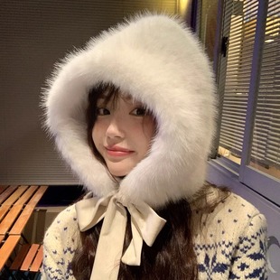 白色毛茸茸帽子女冬款巴拉克拉法帽大头围加厚保暖系绳毛绒包头帽