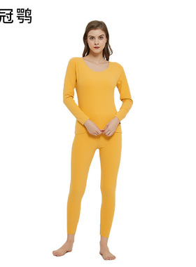 金黄色无痕发热女士秋衣秋裤美体冬加绒德潮保暖内衣加肥大码套装