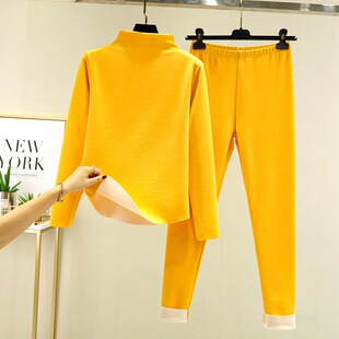 亮黄色保暖内衣套装女士AB面德绒半高领贴身秋冬加厚磨毛秋衣秋裤