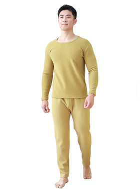 土黄色保暖内衣套装男冬加肥大码德绒弹力发热特厚超厚双面绒酒红