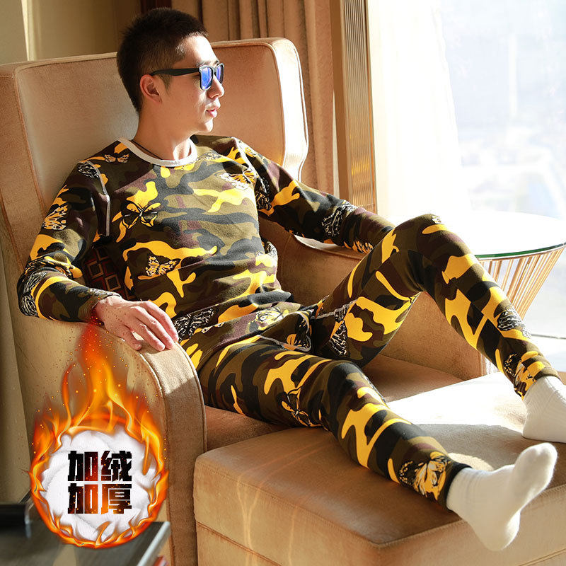 花色保暖内衣男秋衣秋裤男士纯棉加绒加厚冬季防寒套装青年学生棉