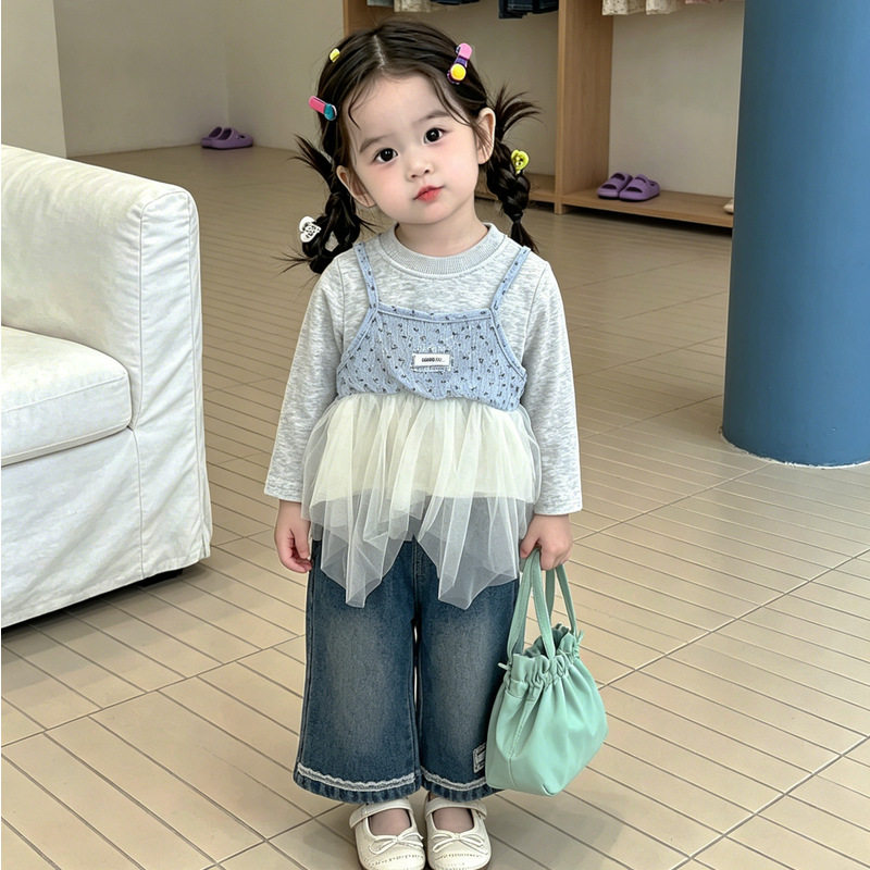女宝宝春秋款网纱吊带套装女童假两件上衣蕾丝花边牛仔裤两件套