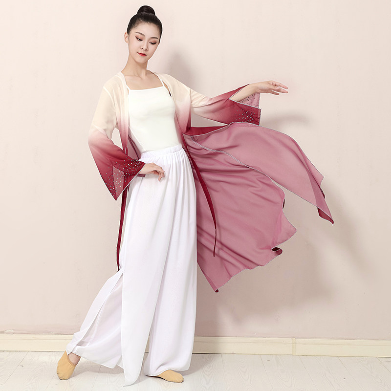 新款古典舞服装渐变长款纱衣舞蹈演出服袖口烫钻开衫女飘逸练功服