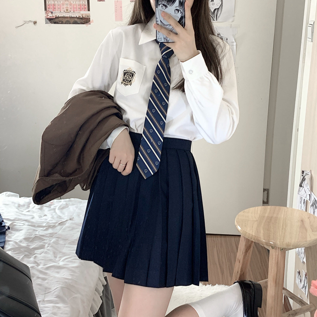 jk制服长袖衬衫女 黑金刺绣白衬衣秋款日系学院现货包邮