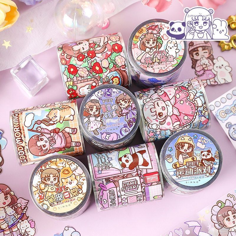 芯陌阿花花酱特油PET胶带整卷可爱卡通少女手帐胶卷diy手账素材贴