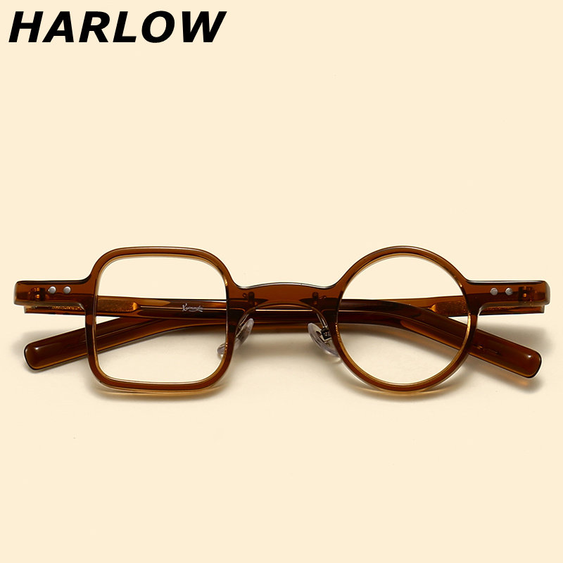 茶色板材一方一圆眼镜框男女可配镜片近视轻款复古韩系时尚眼镜架