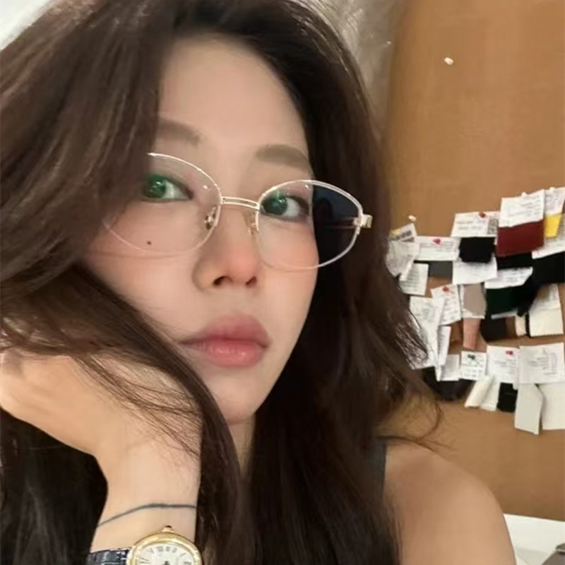 老钱风纯钛半框眼镜近视女款可配带度数金色猫眼素颜大脸眼睛框架