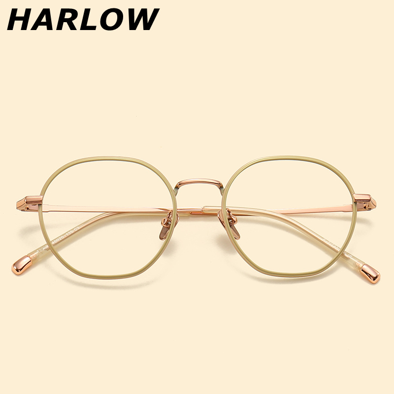 纯钛黄色眼镜框男女小脸素颜装饰近视可配度数椭圆形复古眼镜钛架