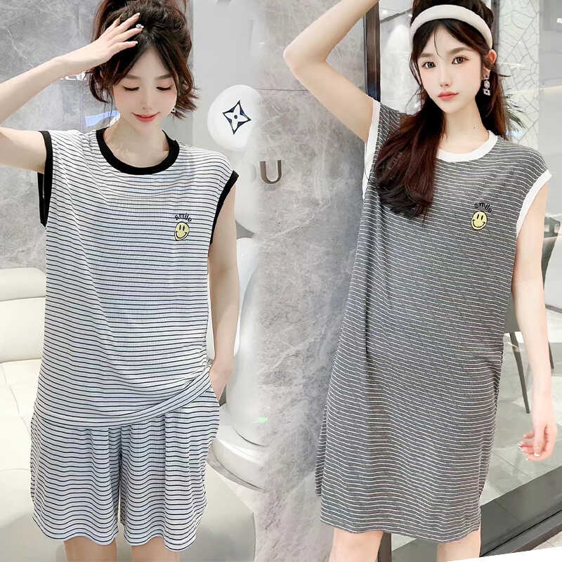 条纹吊带睡衣女夏季学生韩版家居服可外穿睡裙宽松大码欧洲站套装