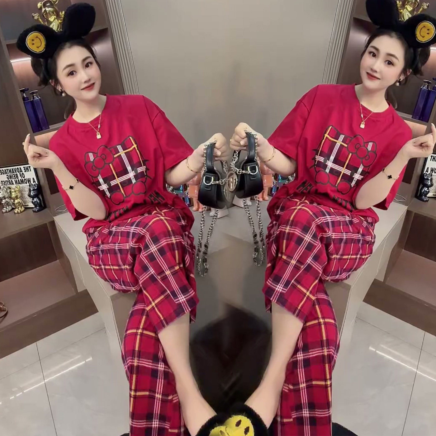 本命年卡通可爱风KT猫家居服套装女春秋冬红色短袖睡衣可外穿舒适