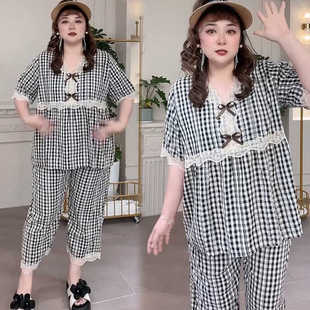 格子新款两件套棉麻家居服宽松时尚大码网红V领韩版洋气睡衣女夏