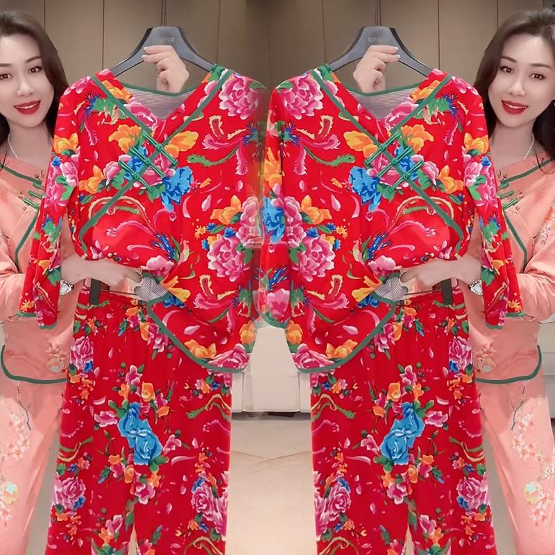 民族风东北大花布睡衣套装女冬盘扣V领上衣长裤磨毛家居服两件套