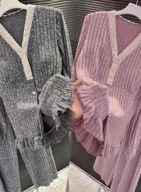 韩版宽松带胸垫加绒睡衣女冬大码显瘦V领气质时尚网红家居服套装