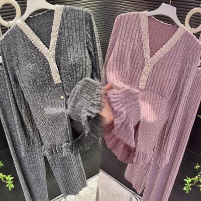 韩版宽松带胸垫加绒睡衣女冬大码显瘦V领气质时尚网红家居服套装