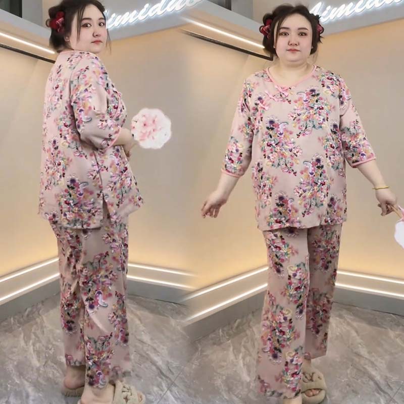 春秋国风睡衣女宽松大码遮肉显瘦时尚大花民族风喜庆家居服两件套