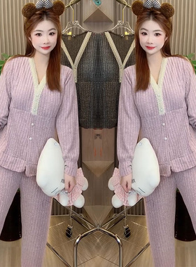 韩版带胸垫长袖加磨毛绒睡衣女冬宽松大码学生V领显瘦气质家居服
