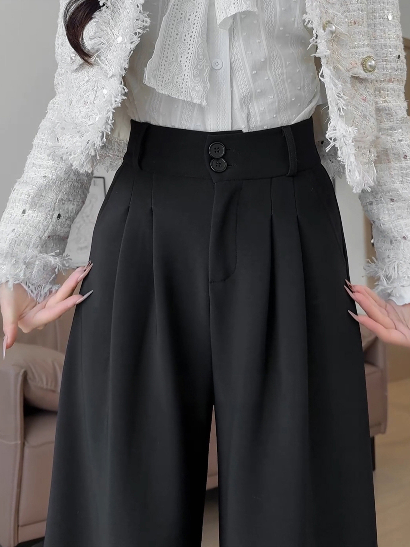 黑色加绒西装裤子女2025新款胖mm大码显瘦秋冬小个子直筒阔腿西裤
