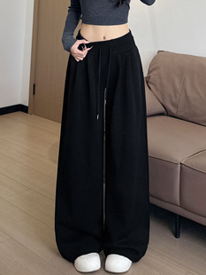 黑色运动裤子女秋2025新款小个子低腰卫裤休闲慵懒加绒直筒阔腿裤
