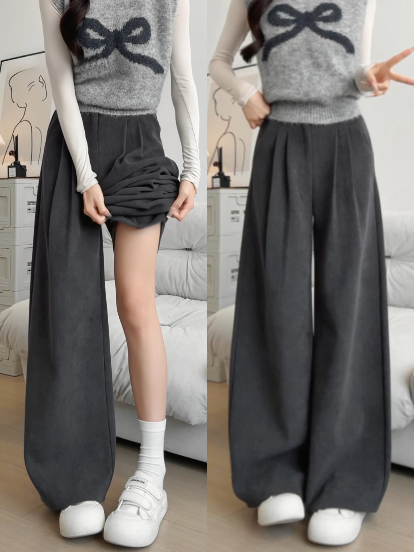 灰色西装裤女2025新款秋冬季灯芯绒裤子加绒加厚雪尼尔休闲阔腿裤