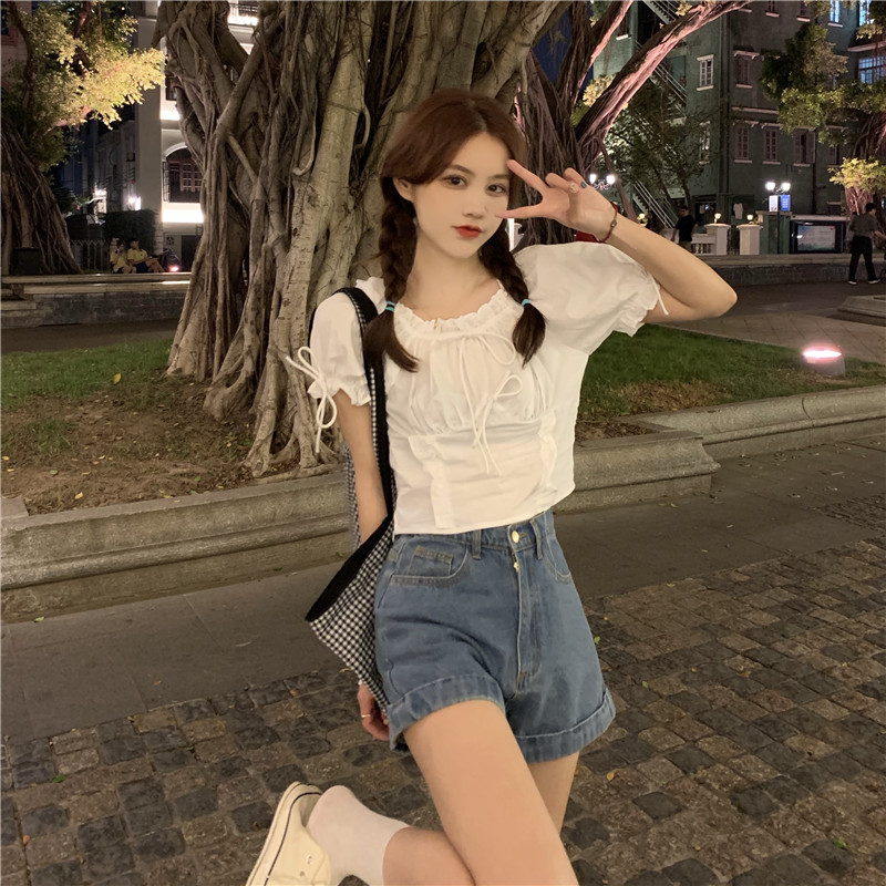 Real shooting summer new style short top design sense short sleeve bow show thin top female