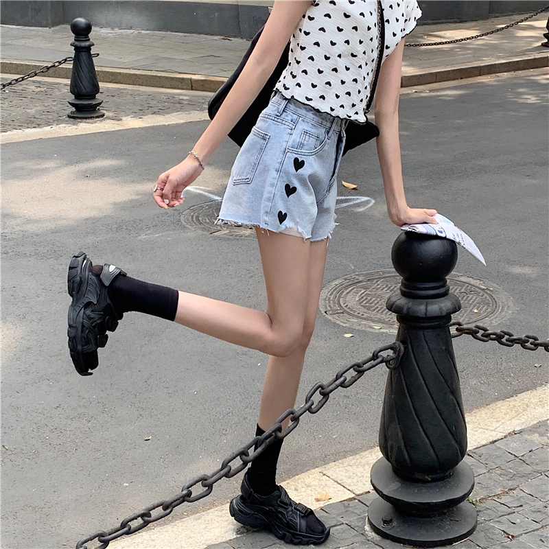Real shooting summer new high waist word show thin denim shorts love hole super hot pants trend