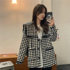 Real shot ~ autumn and winter new French style retro British Navy collar design temperament thousand bird grid Long Sleeve Jacket woman