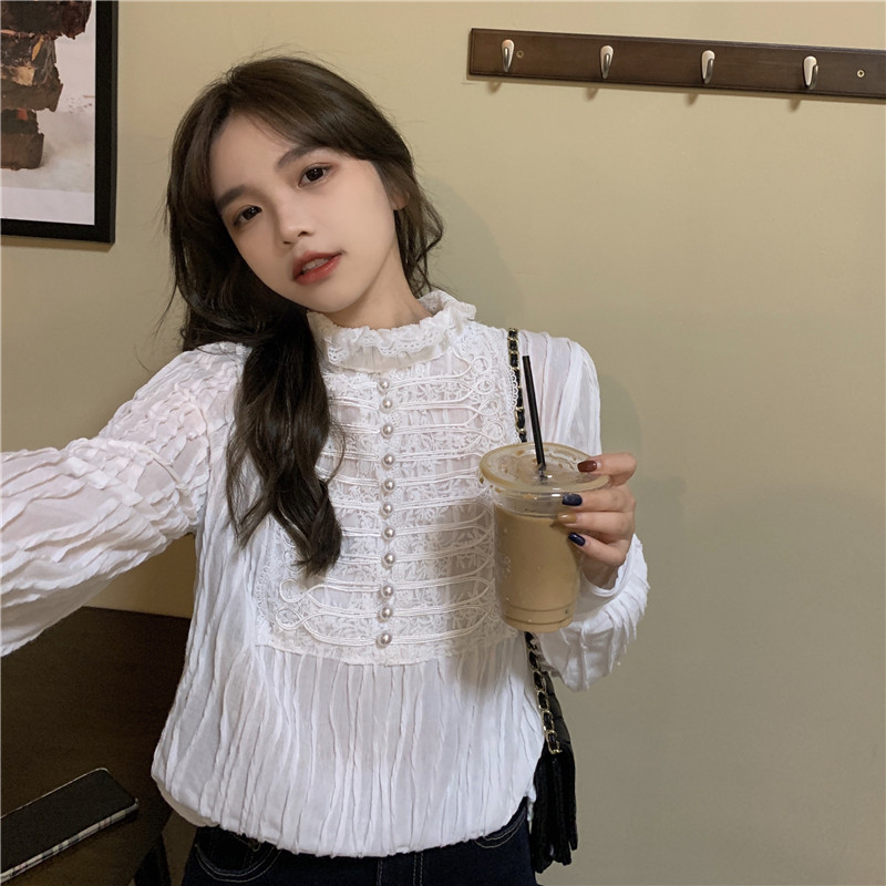 Real shot ~ French style retro Court Style Lace splicing stand collar long sleeve with thickened underlay blouse for women