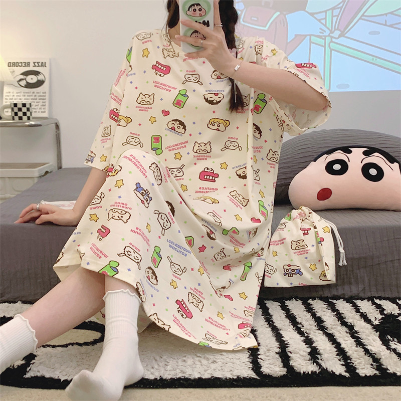 睡衣女夏季纯棉短袖睡裙女夏天薄款韩版孕妇胖mm大码宽松像素小新
