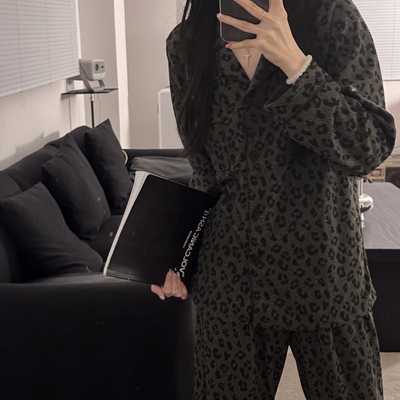 第一初恋 韩版ins灰色豹纹睡衣女春秋季新款%棉长袖开衫家居服