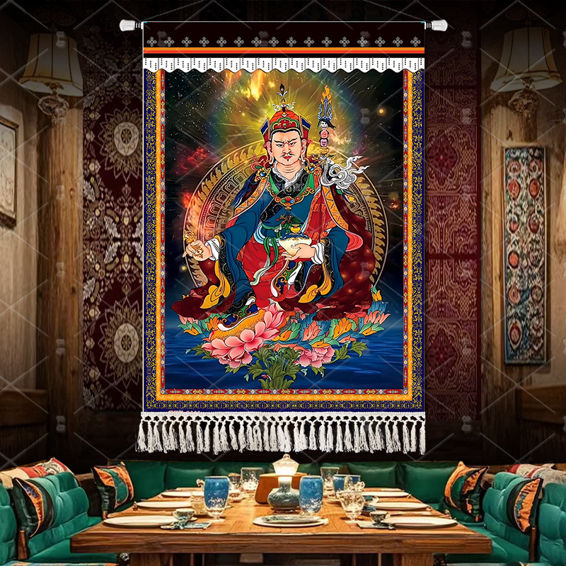 西藏族唐卡莲师图案背景布卧室绿白母度挂布宿舍佛像床头墙布客厅