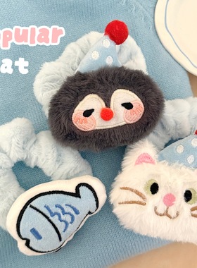 可爱毛绒卡通企鹅小鱼大肠发圈猫咪发绳少女心丸子头马尾头绳皮筋