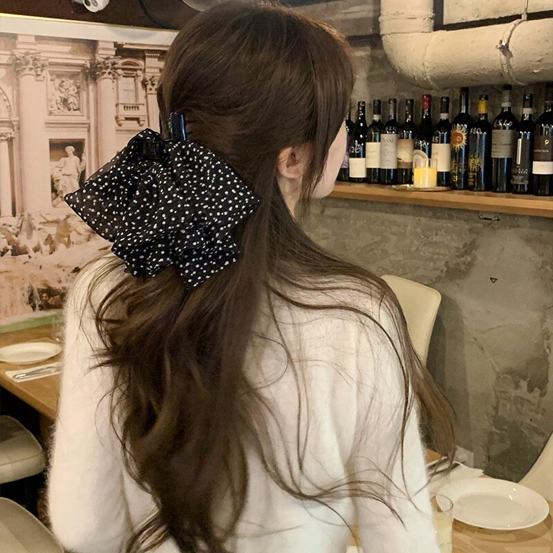 法式复古网纱波点蝴蝶结抓夹气质时尚雪纺半抓秋冬发饰女发夹夹子