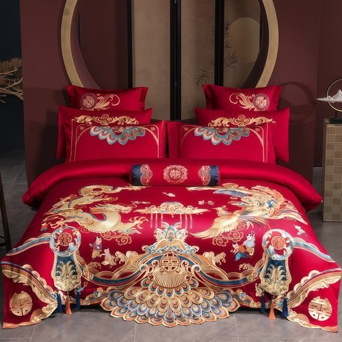 全棉婚庆四件套大红长绒棉贡缎100陪嫁高端结婚床上用品婚嫁
