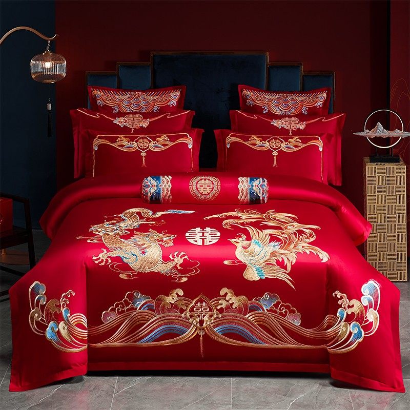 婚庆四件套大红色全棉刺绣新婚床品纯棉龙凤被套欧式结婚床上用品