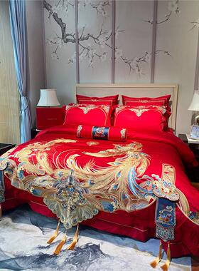 中式龙凤180S长绒棉提花四件套龙凤刺绣纯棉流苏红色被套床上用品