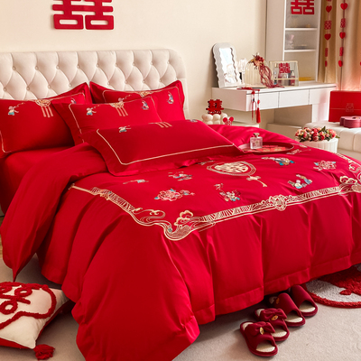 高档中式百子图刺绣婚庆四件套大红新房备婚被套纯棉结婚床上用品