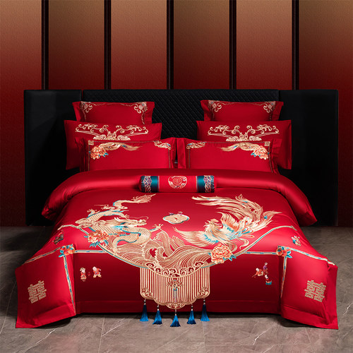 100支长绒棉婚庆四件套全棉刺绣纯棉大红色婚房结婚龙凤床上用品4