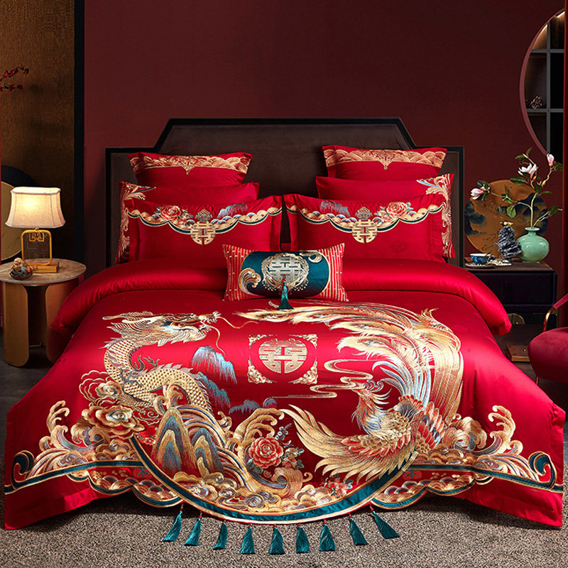 高端婚庆四件套全棉纯棉大红刺绣140s长绒棉结婚喜被床上用品十件