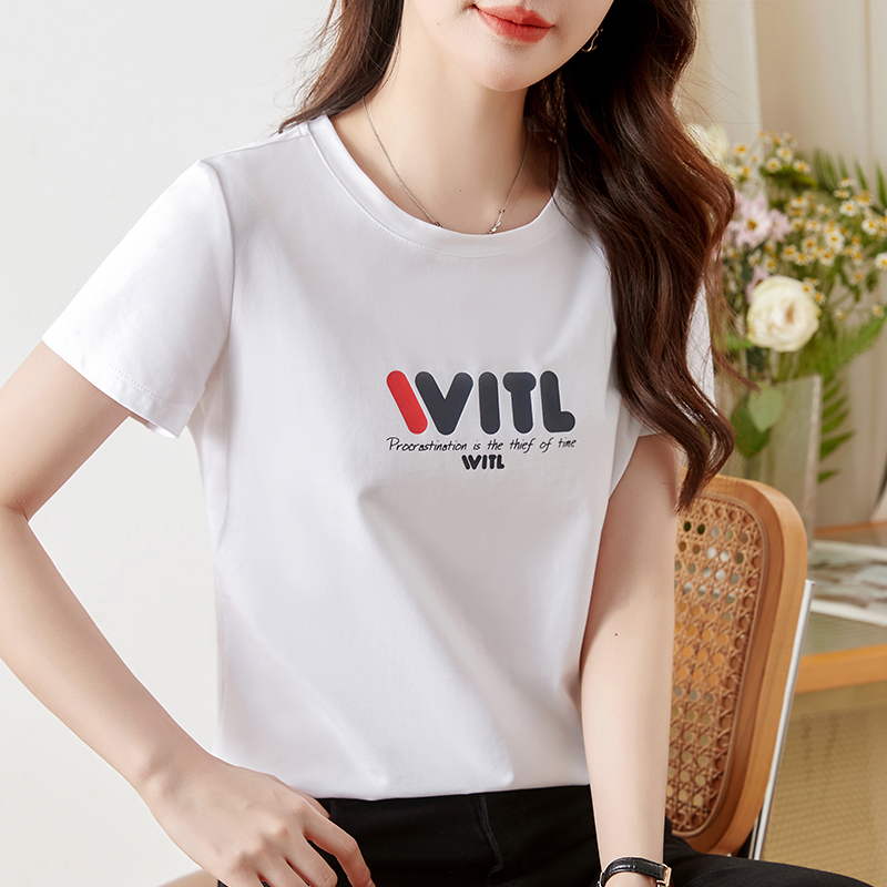 时尚白色短袖t恤女2024年新款夏季爆款修身女装上衣正肩半袖体恤