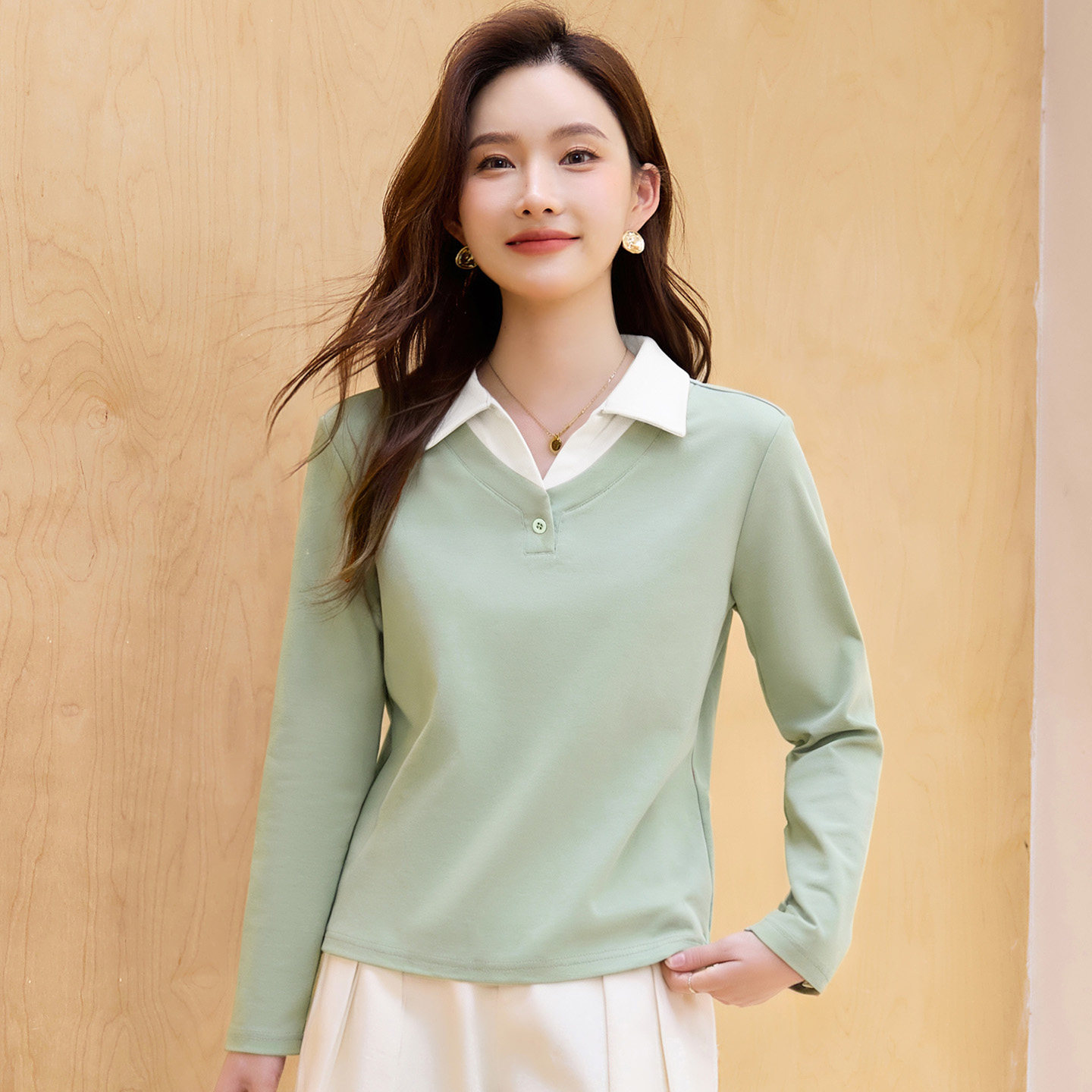 翻领假两件长袖T恤女2026新款春季洋气显瘦上衣打底衫内搭可外穿