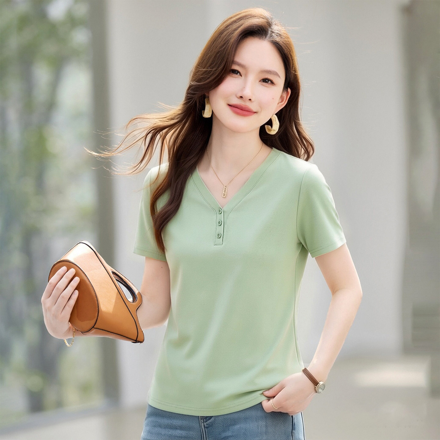 正肩v领短袖t恤女2026新款夏季爆款时尚洋气女装高端减龄半袖上衣