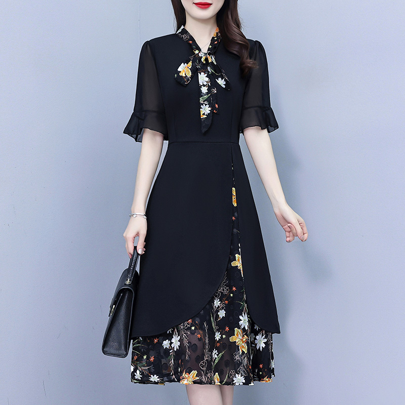 假两件雪纺连衣裙女2024年新款夏季气质女装a字长裙黑色妈妈裙子
